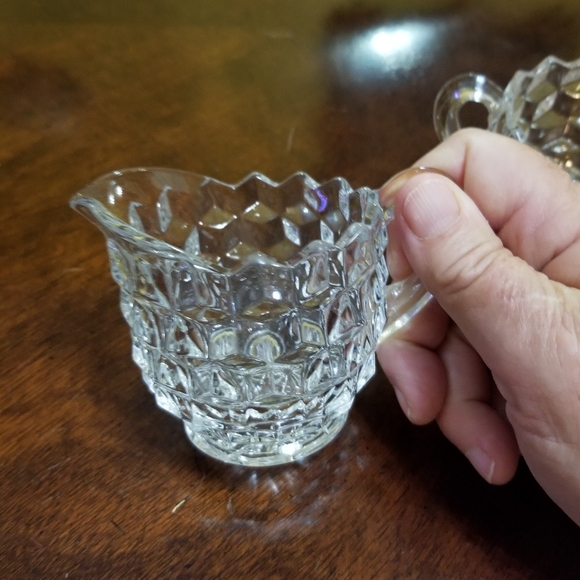 VINTAGE 50 MID CENTURY FISTORIA AMERICAN CUBED GLASS SUGAR BOWL & CREAMER SET - Picture 3 of 7